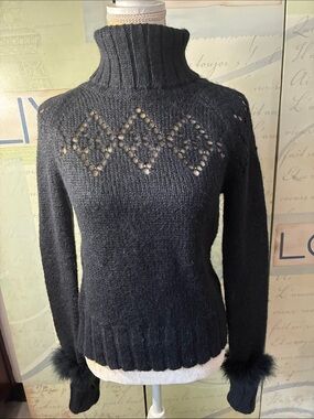 Kenneth Cole Vintage Open Knit Fur Trim Sweater w Alpaca and Mohair Sz M
